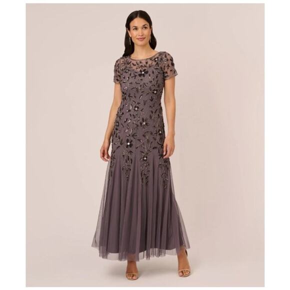 Adrianna Papell Hand Beaded Short Sleeve Floral Godet Gown in Moonscape Dress 0 - Picture 1 of 12